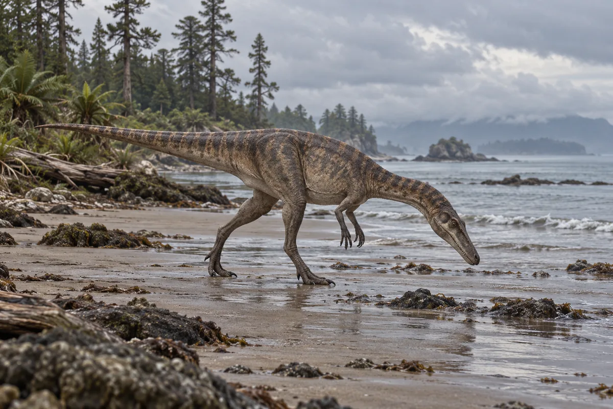A slender two-legged meat-eating dinosaur with a long tail, head lowered as it searches the wet sand at the water's edge