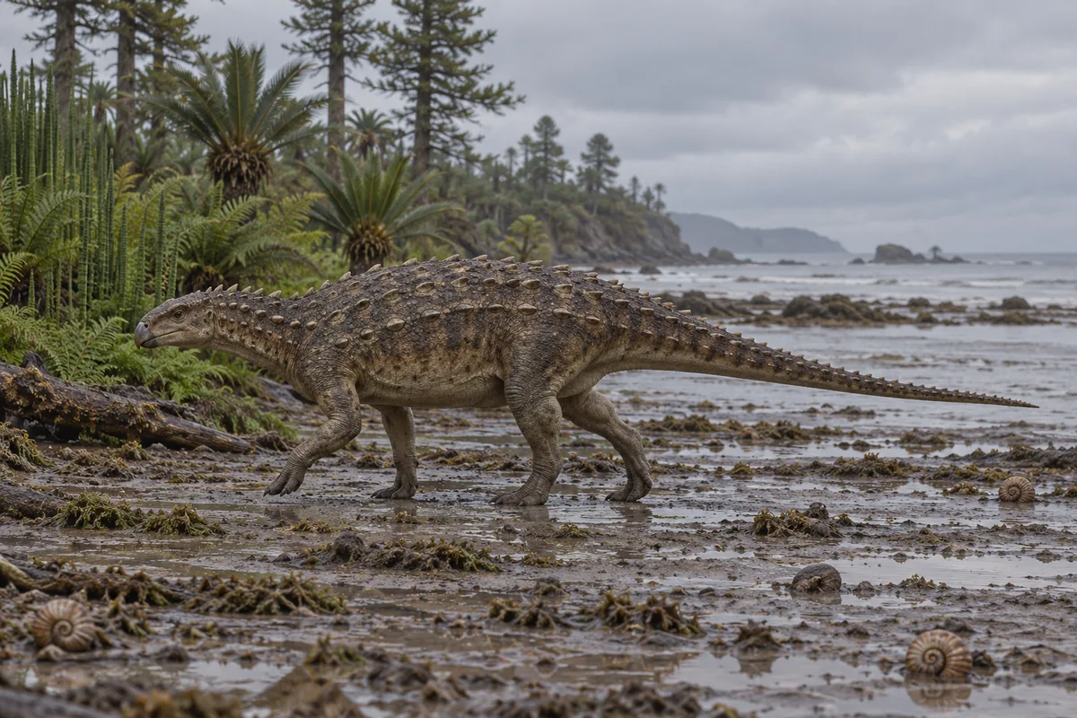 A Scelidosaurus, a four-legged dinosaur covered in rows of bony studs, walking across wet mud at the edge of the sea, with ferns and cycads behind it