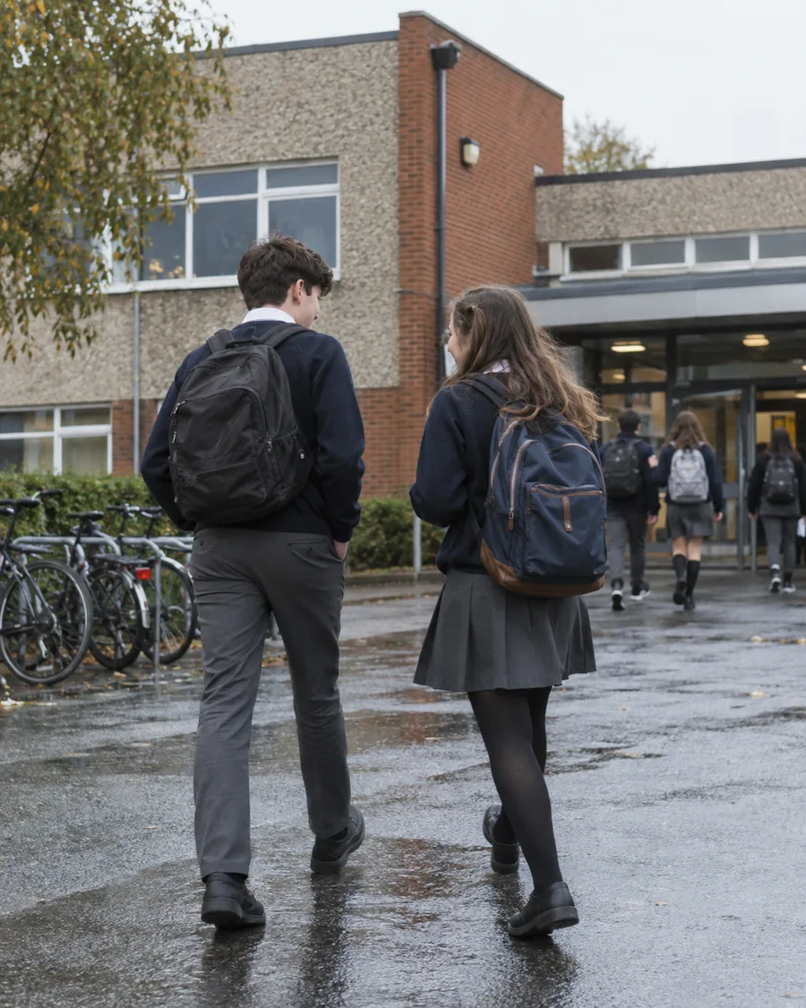 Two Irish secondary-school students arriving on a rainy morning