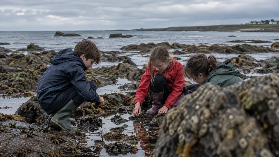 Children exploring rock pools at an outdoor coastal camp