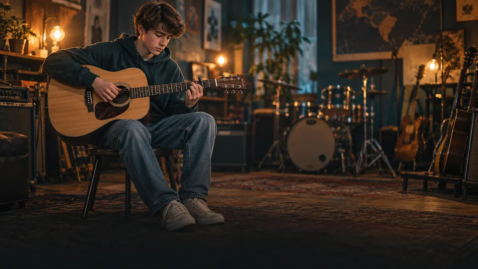 Teenager practising acoustic guitar in a music studio