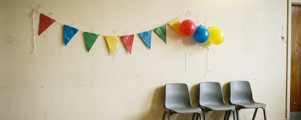 Paper bunting and balloons taped to the wall of a community hall