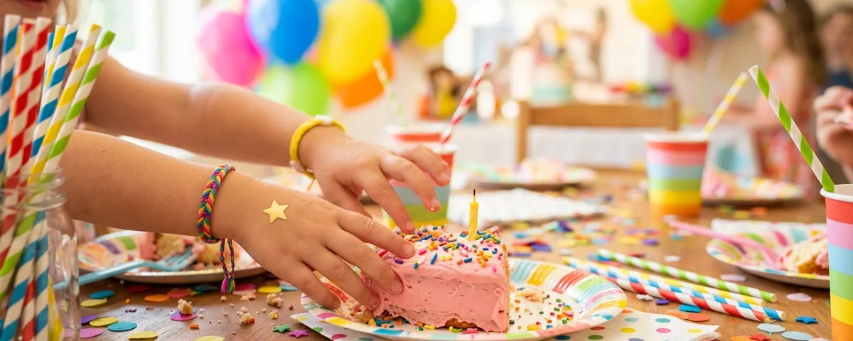 A slice of birthday cake with sprinkles on a paper plate at a party table