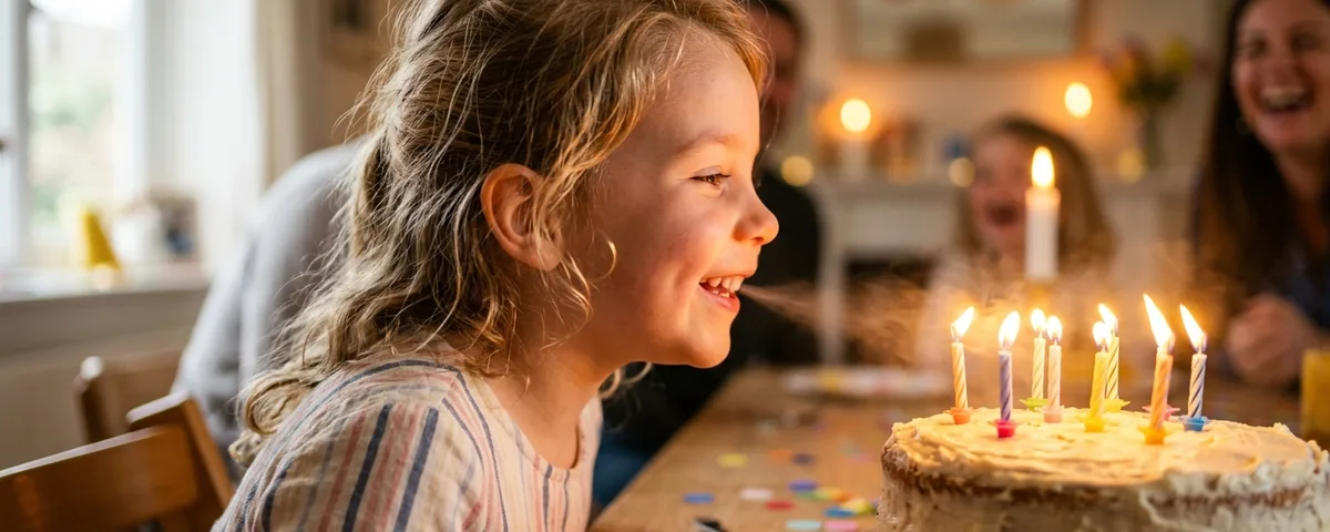 A child smiling in front of a birthday cake with lit candles
