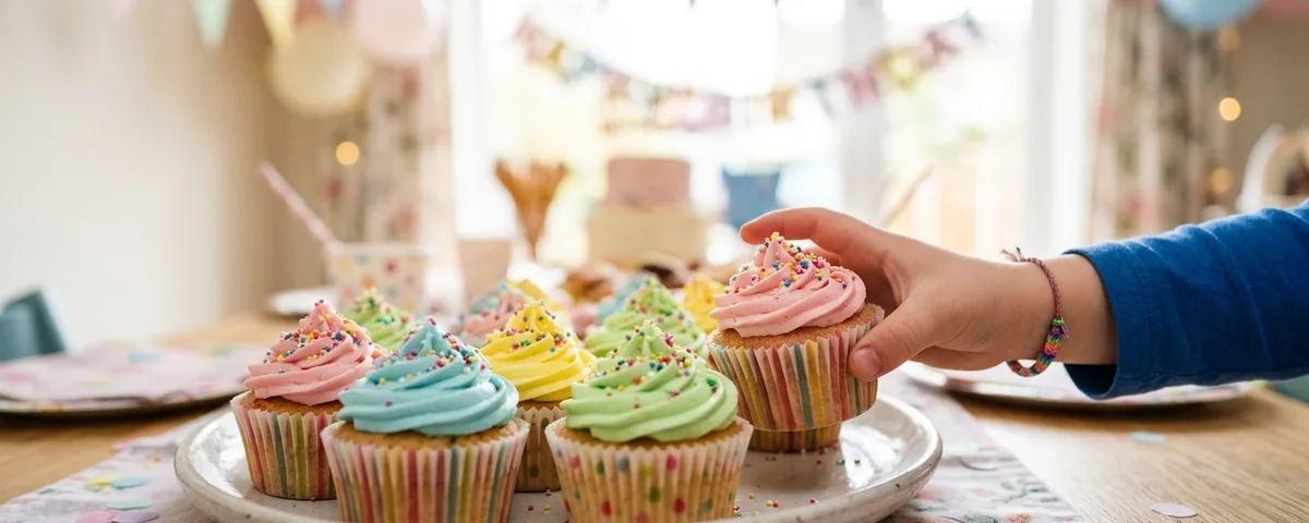 A child reaching for an iced cupcake from a plate of cupcakes