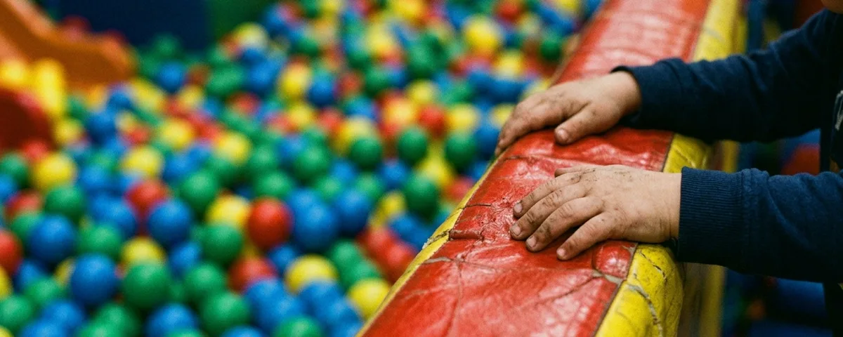 A child's hands on the padded edge of a soft play frame above a ball pit