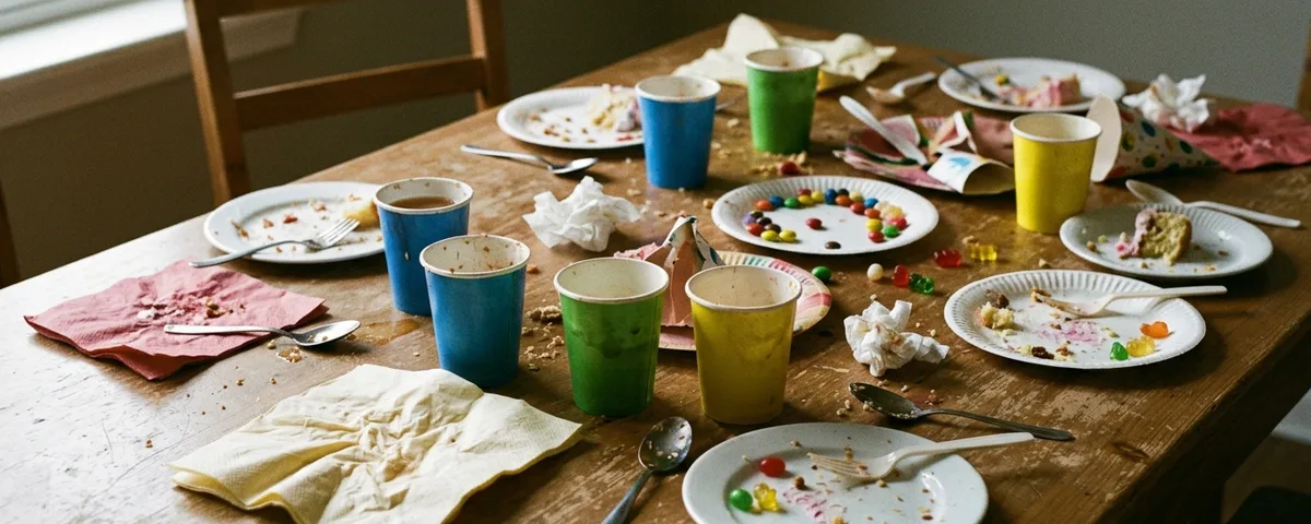 A party table after the food, with paper cups, crumbs and crumpled napkins