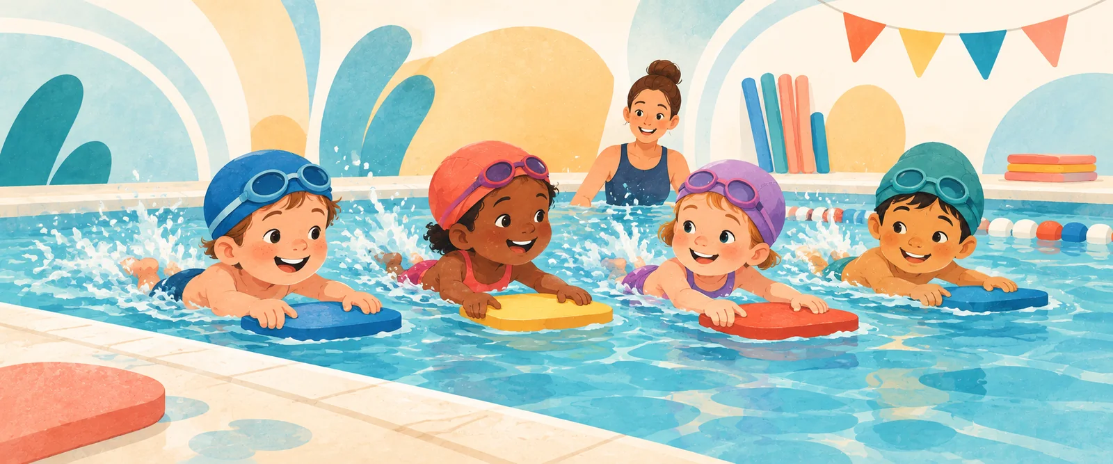 Illustration of children learning swimming and water confidence