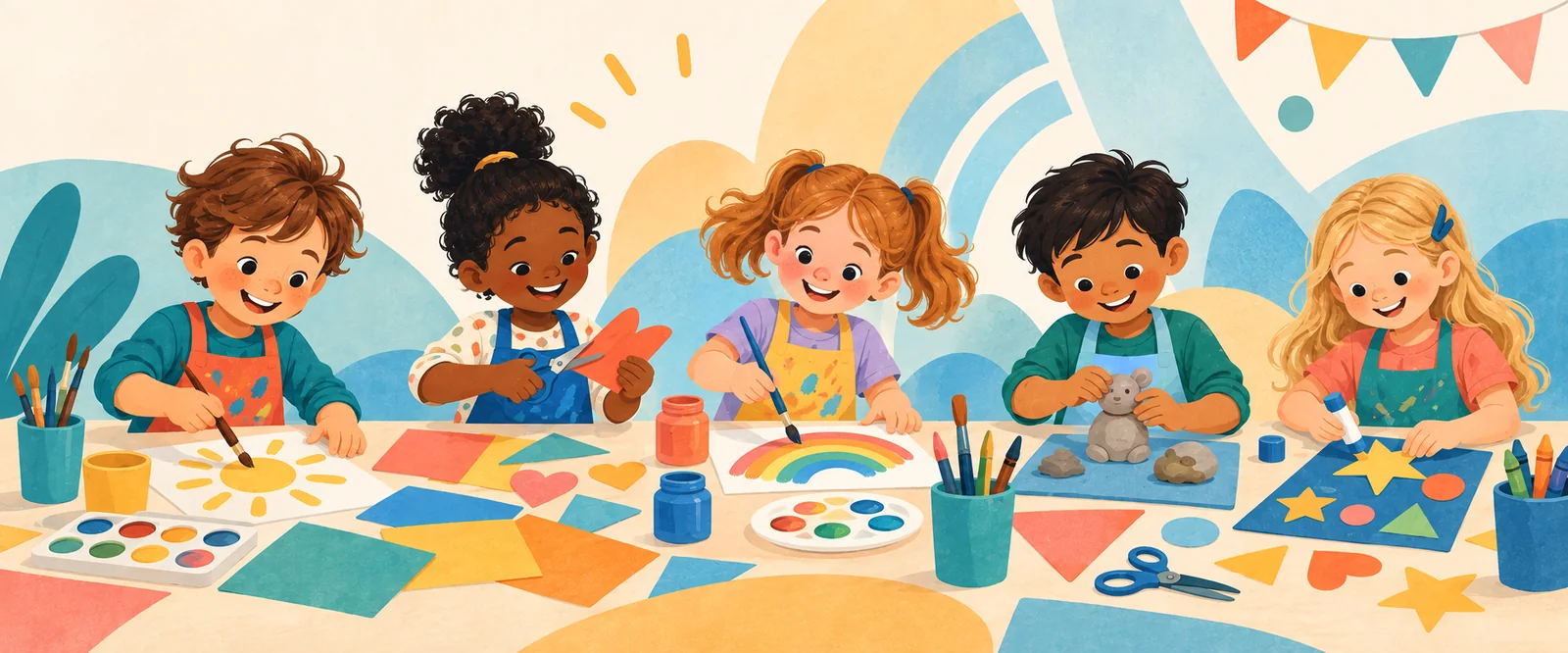 Illustration of children painting, making collages and modelling clay