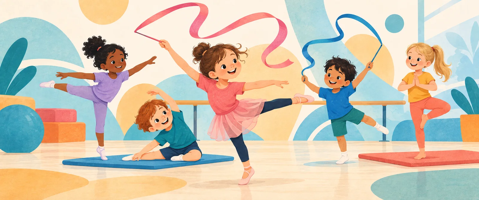 Illustration of children enjoying dance and beginner gymnastics