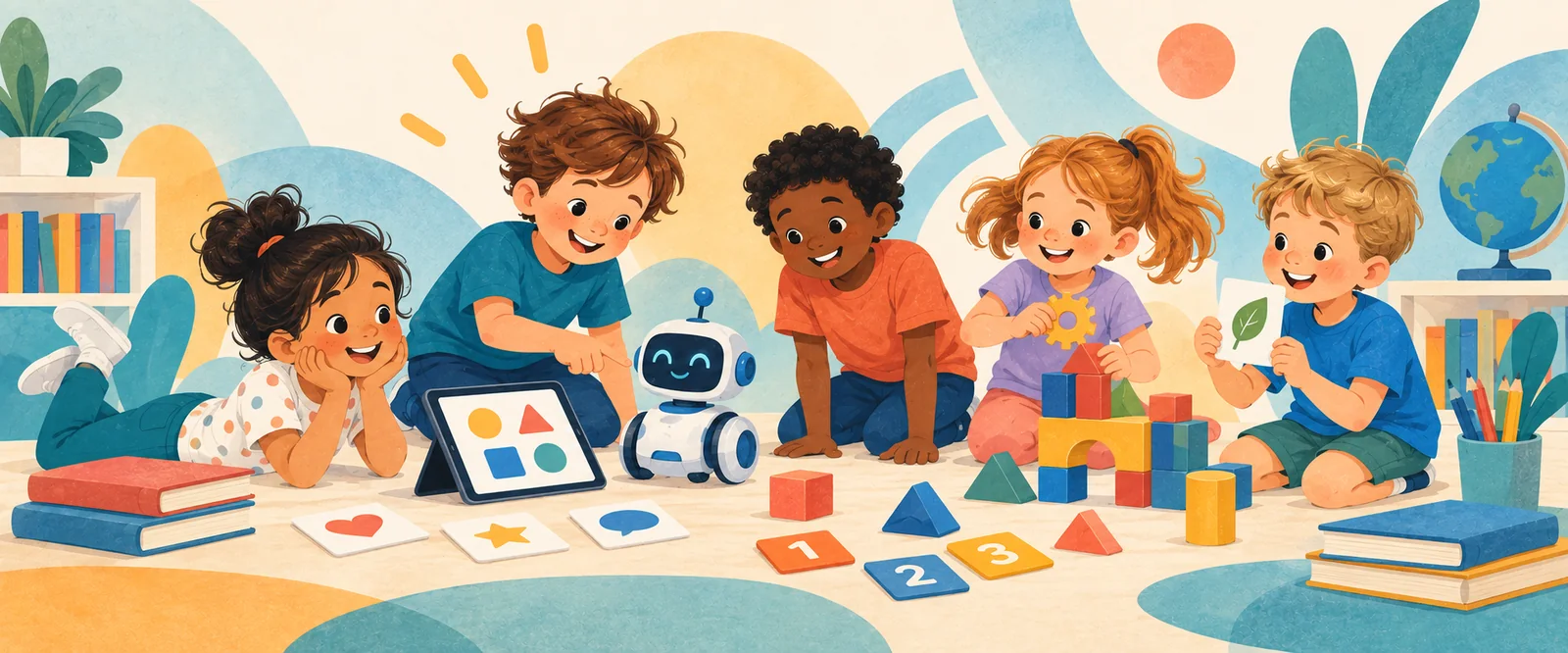 Illustration of children learning through books, building and technology