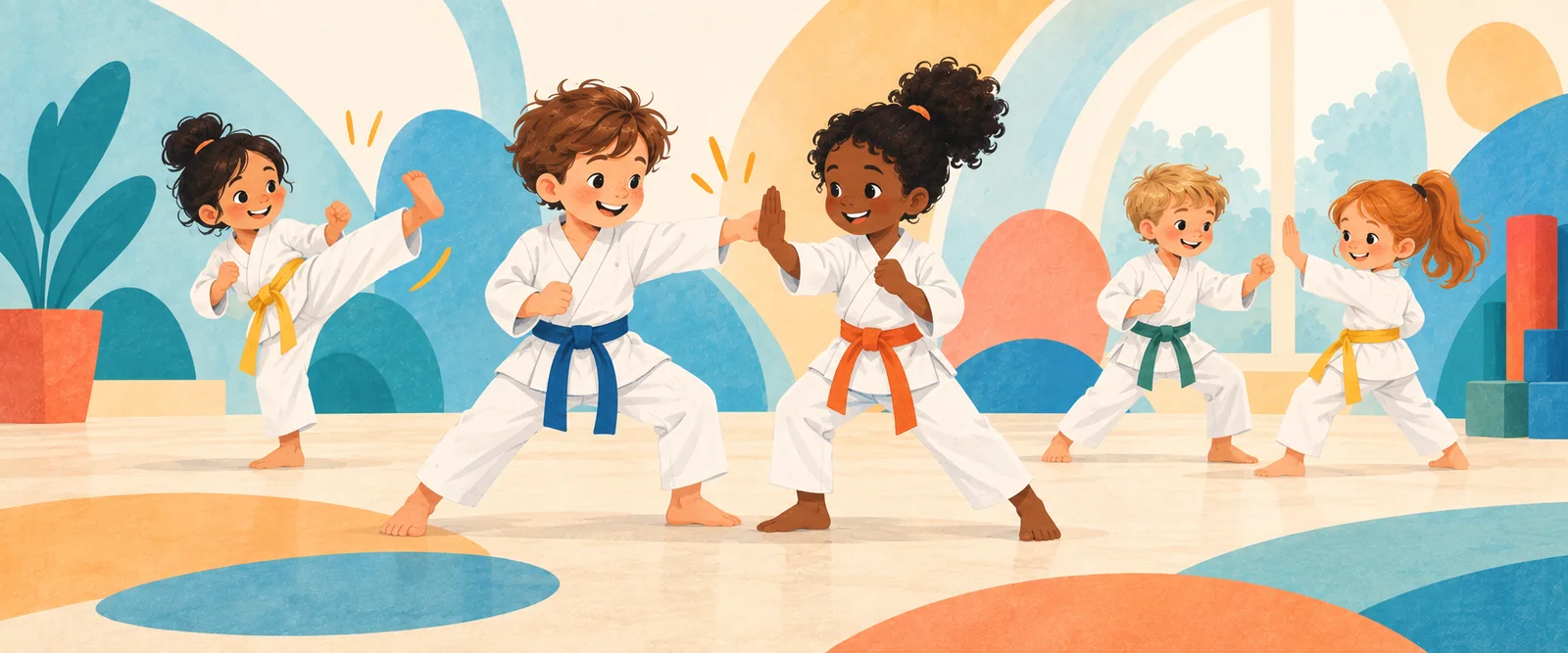 Illustration of children practising controlled martial arts movements