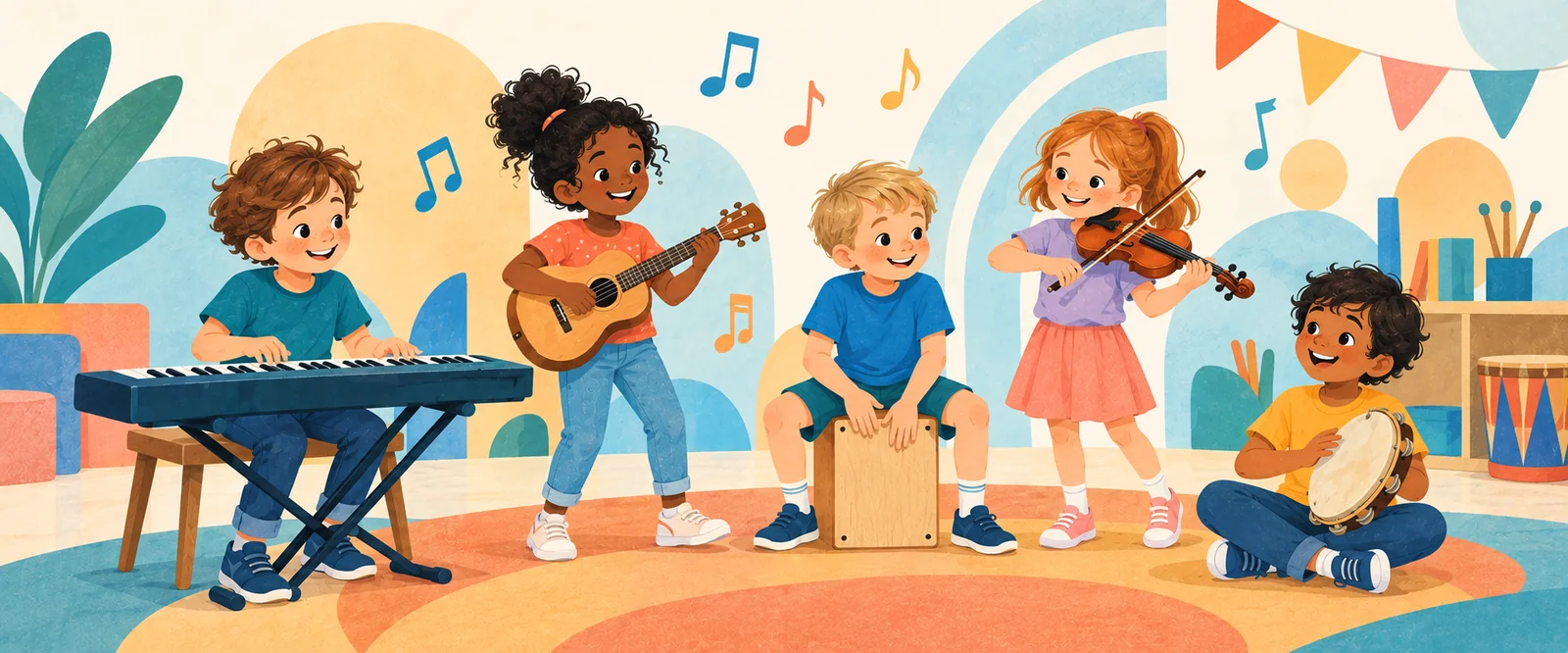 Illustration of children making music together with different instruments