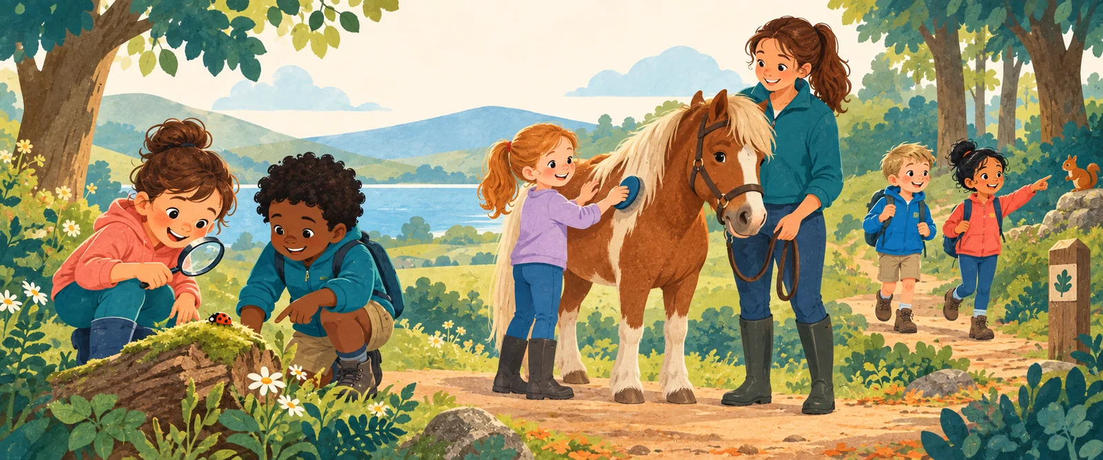 Illustration of children exploring nature and caring for a pony