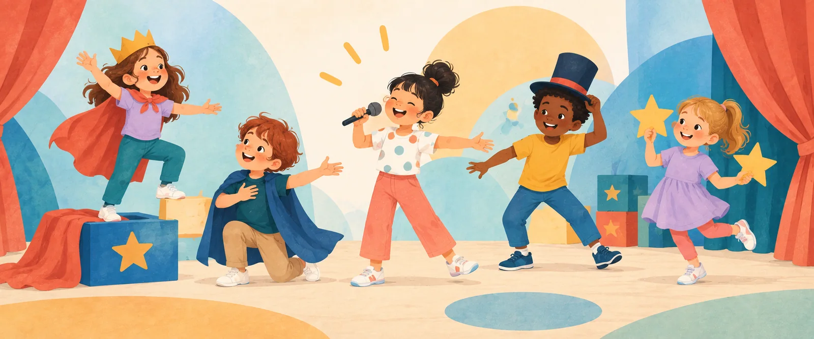 Illustration of children rehearsing drama, singing and movement