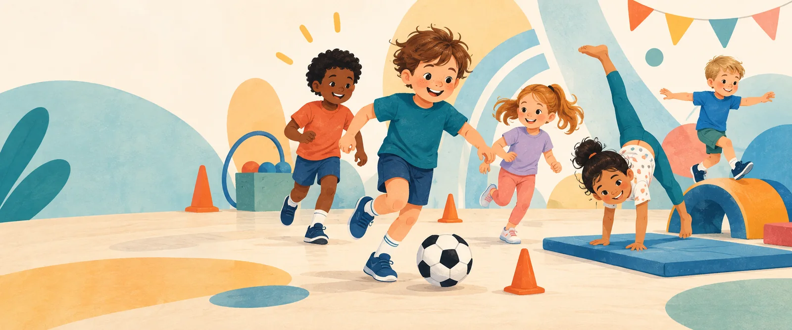 Illustration of children enjoying football, gymnastics and active games