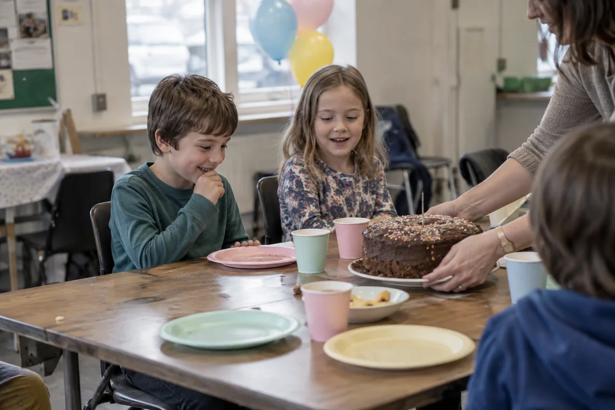Children gathered around a birthday cake at a party table