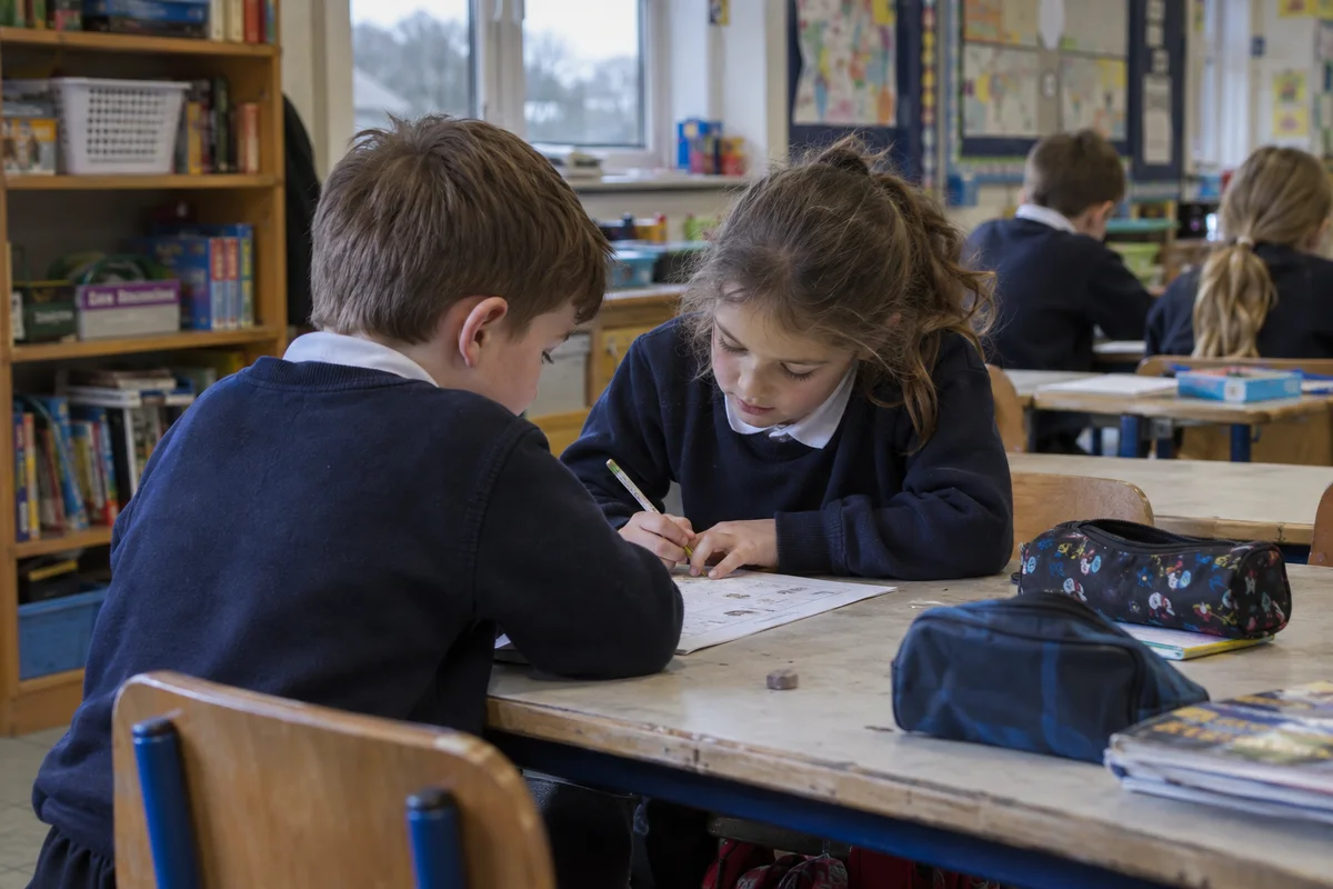 Primary school pupils working together at a classroom desk