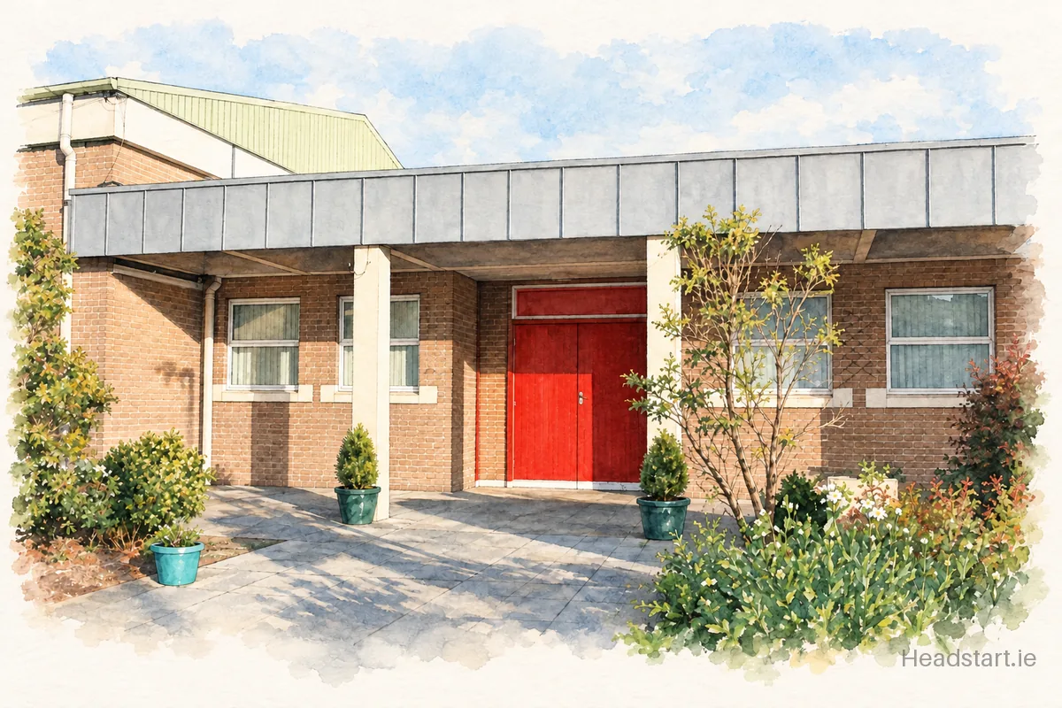 Watercolour illustration of the St. Louis Girls National School building, Monaghan