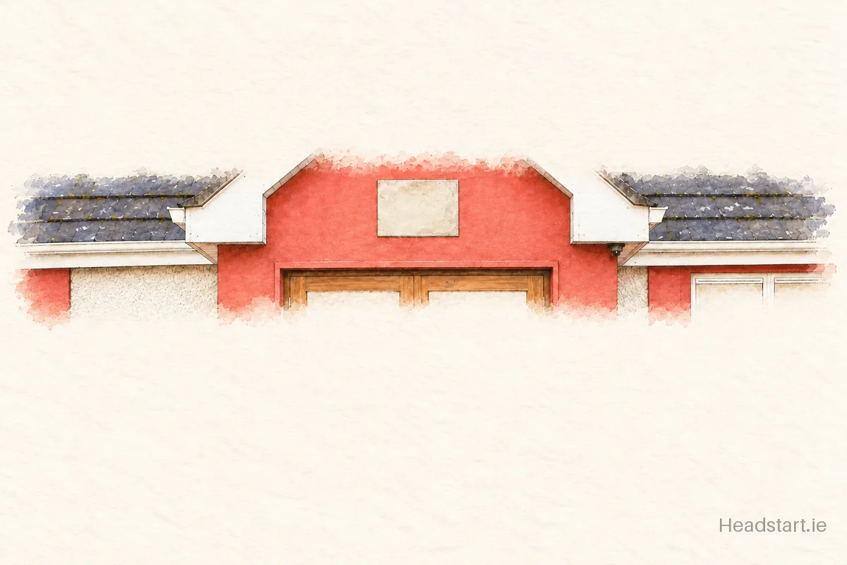 Watercolour illustration of the Deravoy National School building, Emyvale
