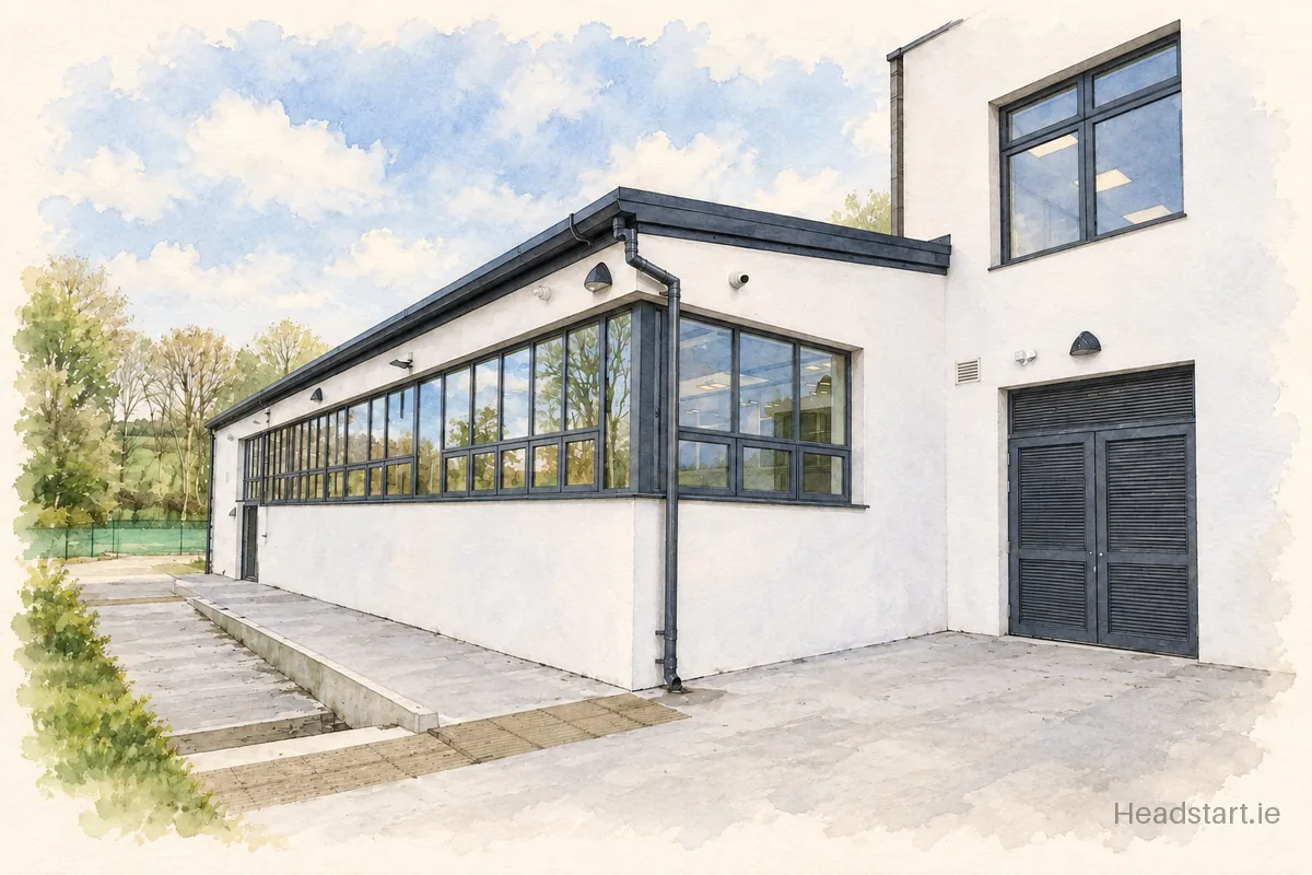 Watercolour illustration of the Ballinspittle National School building, Kinsale