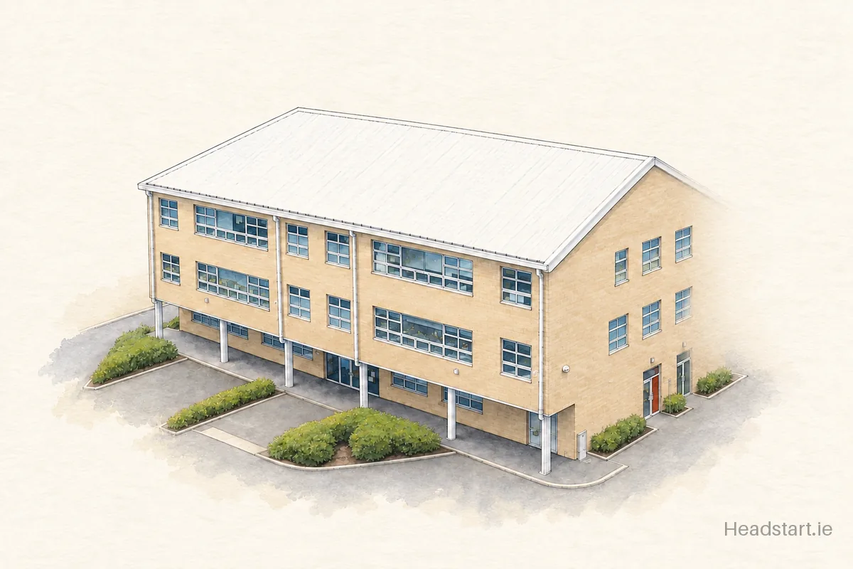Watercolour illustration of the St Brigids Mixed National School building, Castleknock
