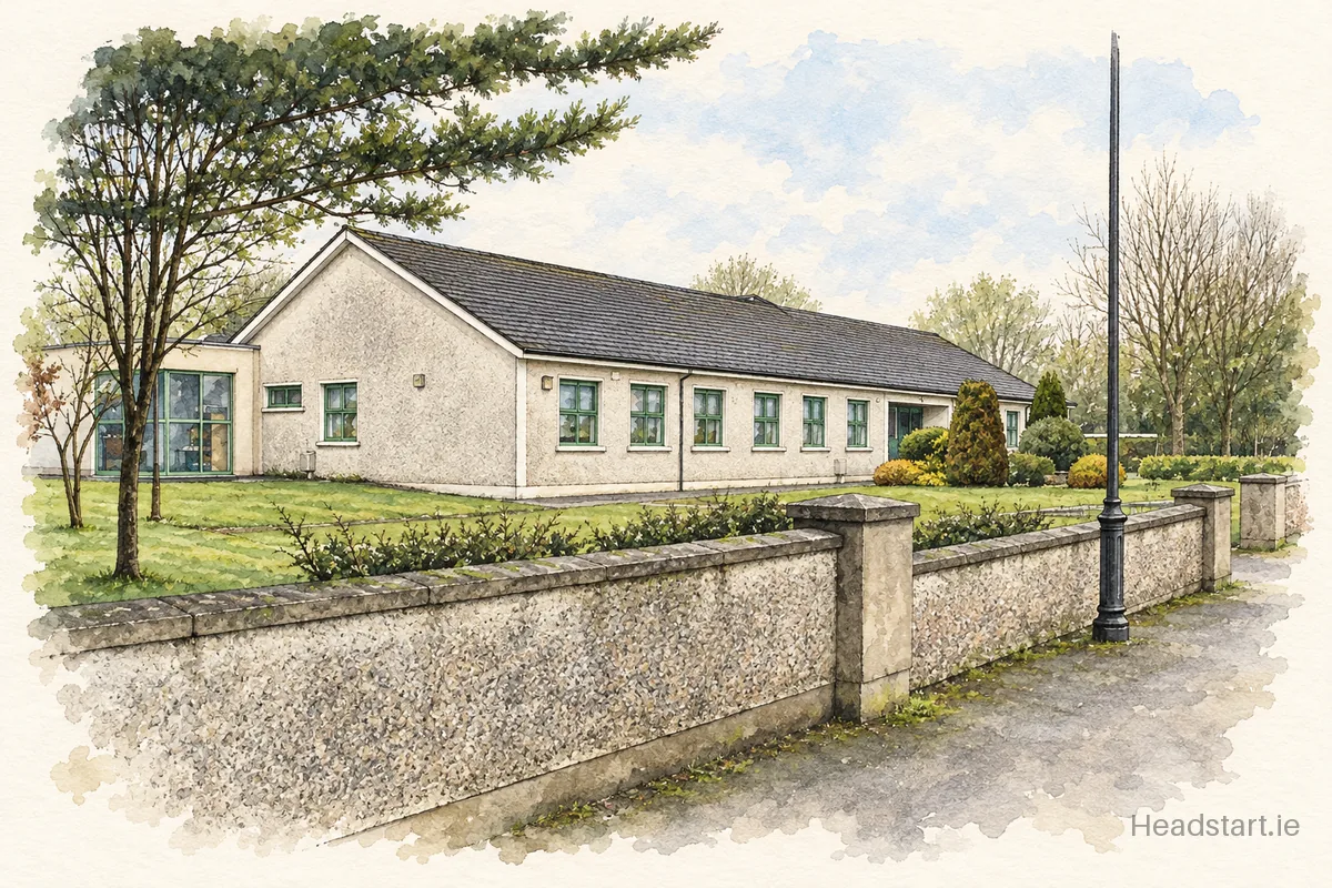 Watercolour illustration of the Lisdowney National School Scoil Bhride building, Ballyragget