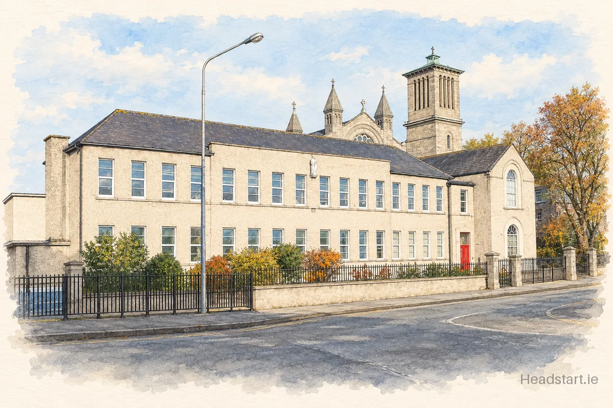 Watercolour illustration of the St Annes Primary School building, Navan