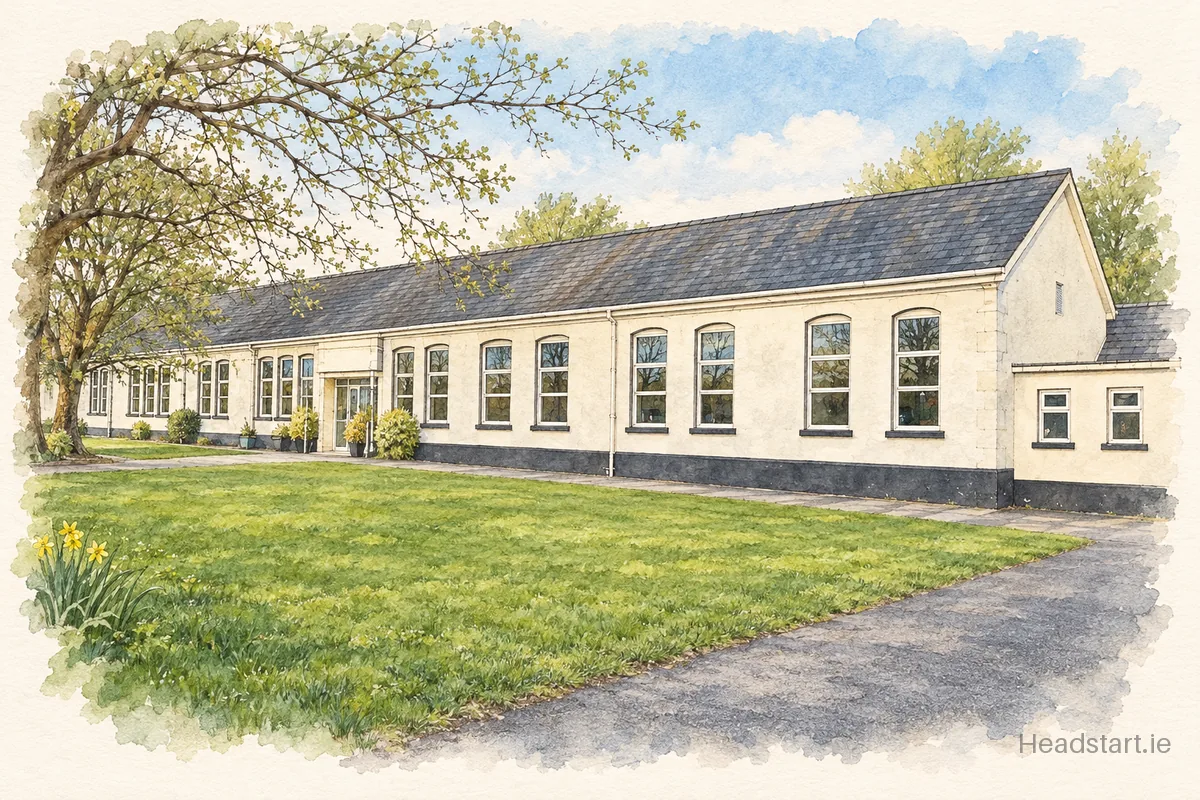 Watercolour illustration of the Ratoath Junior National School building, Ratoath