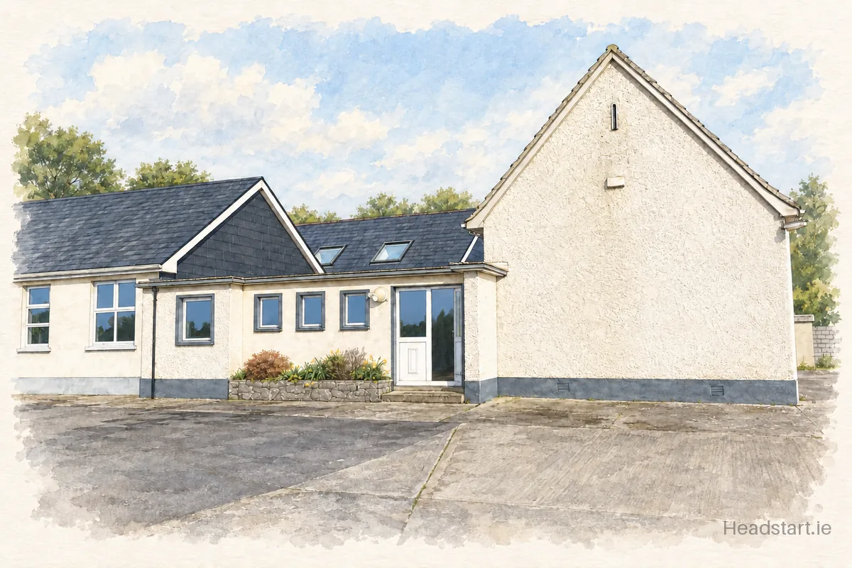 Watercolour illustration of the Esker National School building, Athenry
