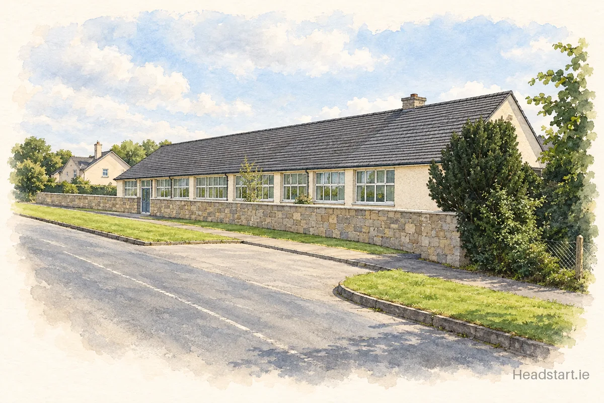 Watercolour illustration of the Kilskyre Mixed National School building, Kells