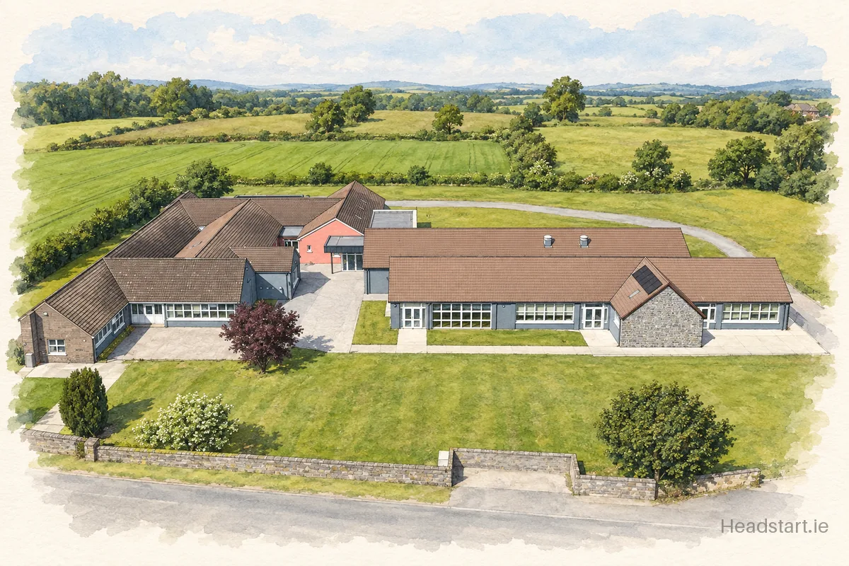 Watercolour illustration of the St. Colmcille's National School building, Togher