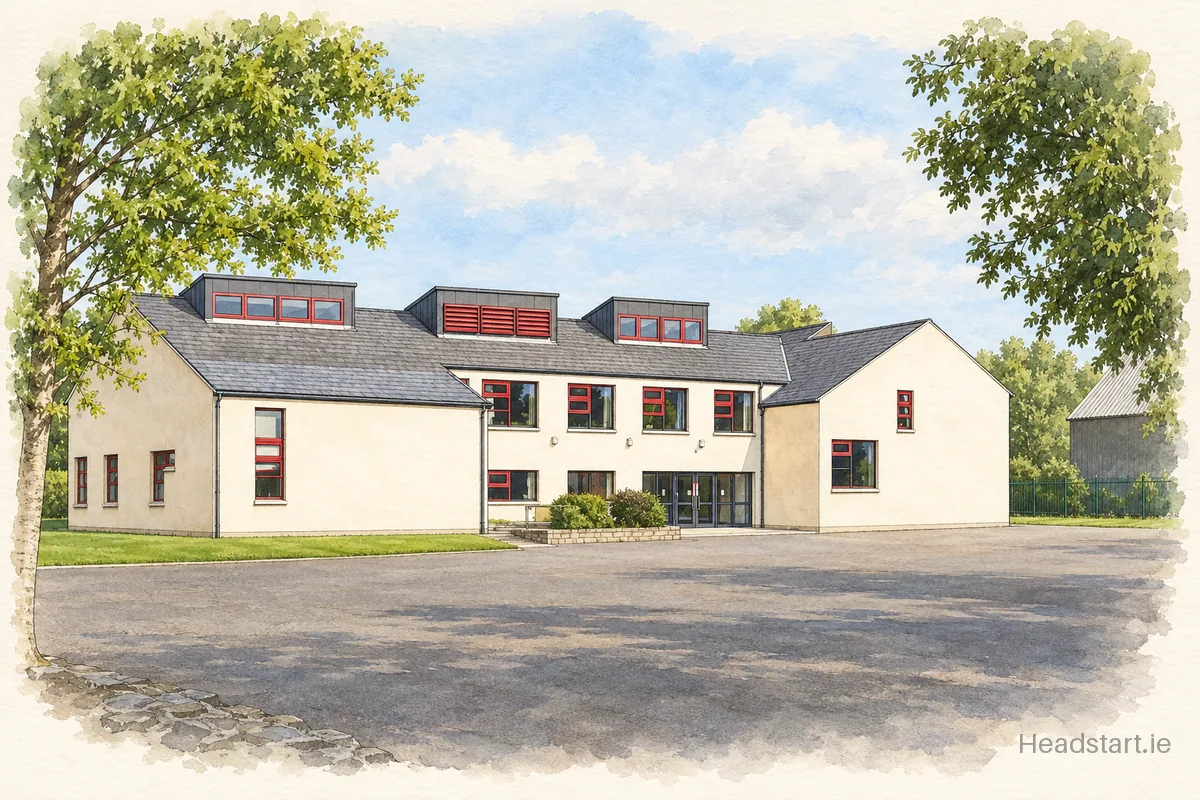 Watercolour illustration of the St Olivers National School building, Carlingford