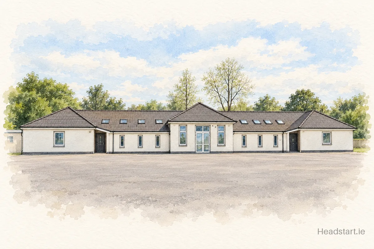Watercolour illustration of the Knockaderry National School building, Killarney