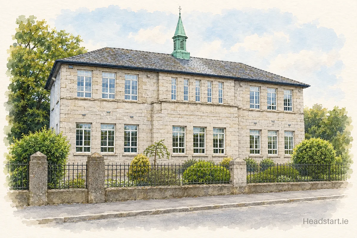 Watercolour illustration of the St. Mary's National School building, Sandyford