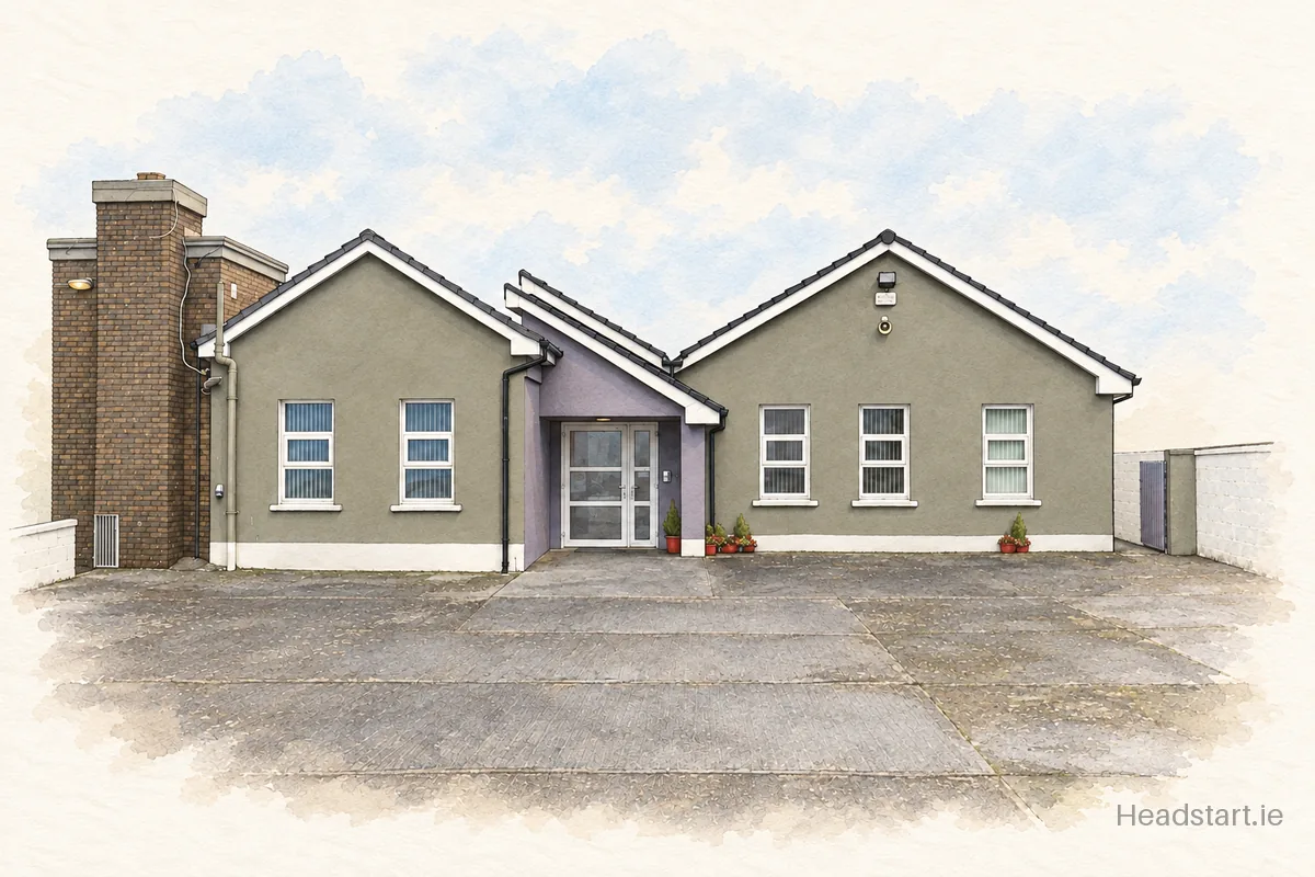 Watercolour illustration of the Sliabh A' Mhadra National School building, Tralee