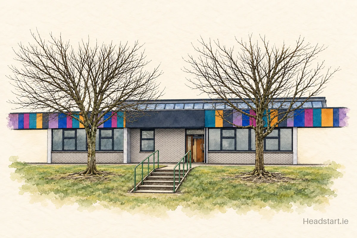 Watercolour illustration of the Our Lady Of Lourdes National School Wexford building, Bunclody