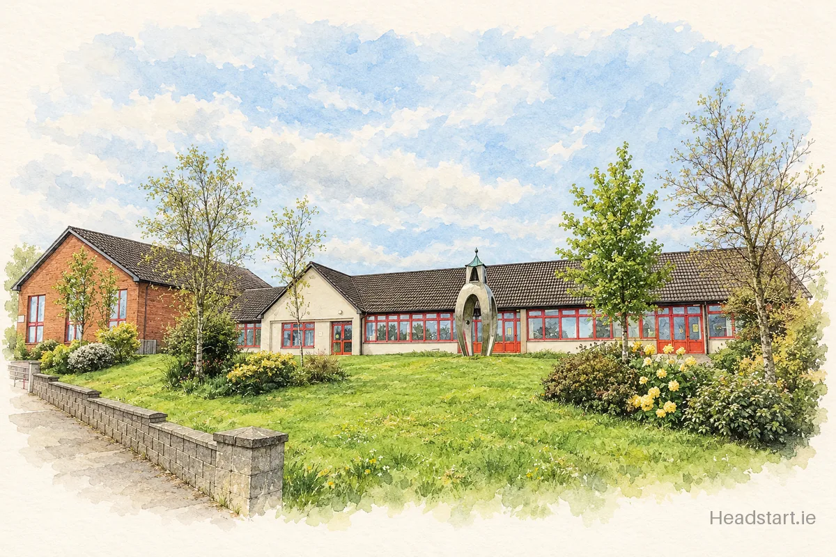 Watercolour illustration of the Scoil Náisiúnta Bhiorainn building, Macroom
