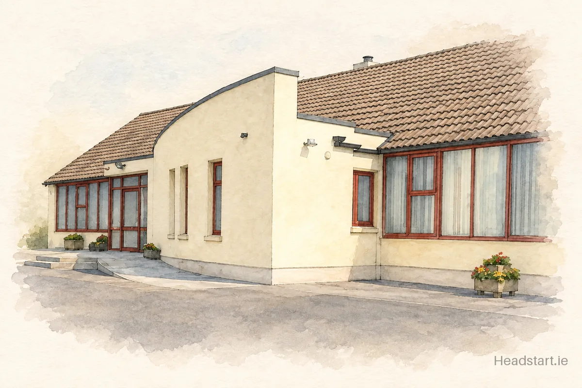 Watercolour illustration of the Scoil Naithi National School building, Ballymote