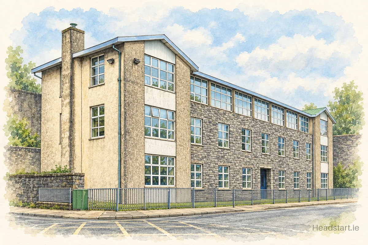 Watercolour illustration of the Scoil An Linbh Iosa building, Galway