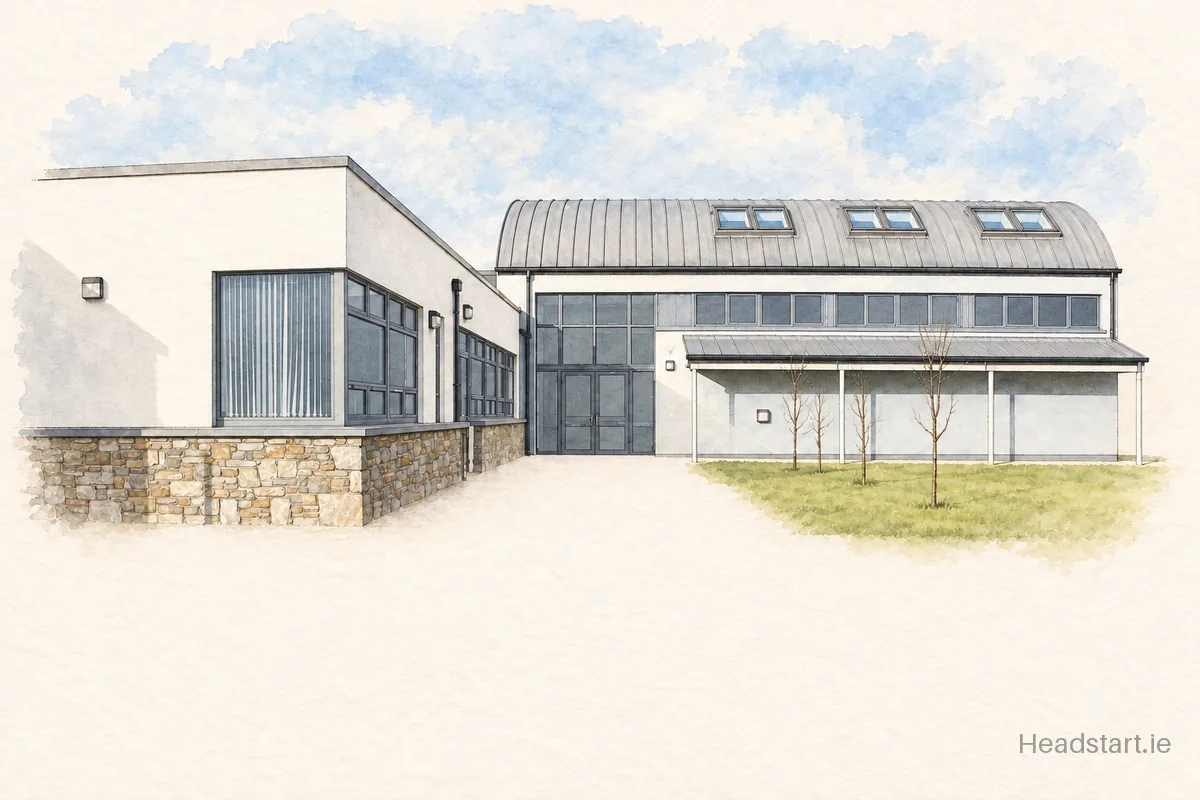 Watercolour illustration of the Brackloon National School building, Westport