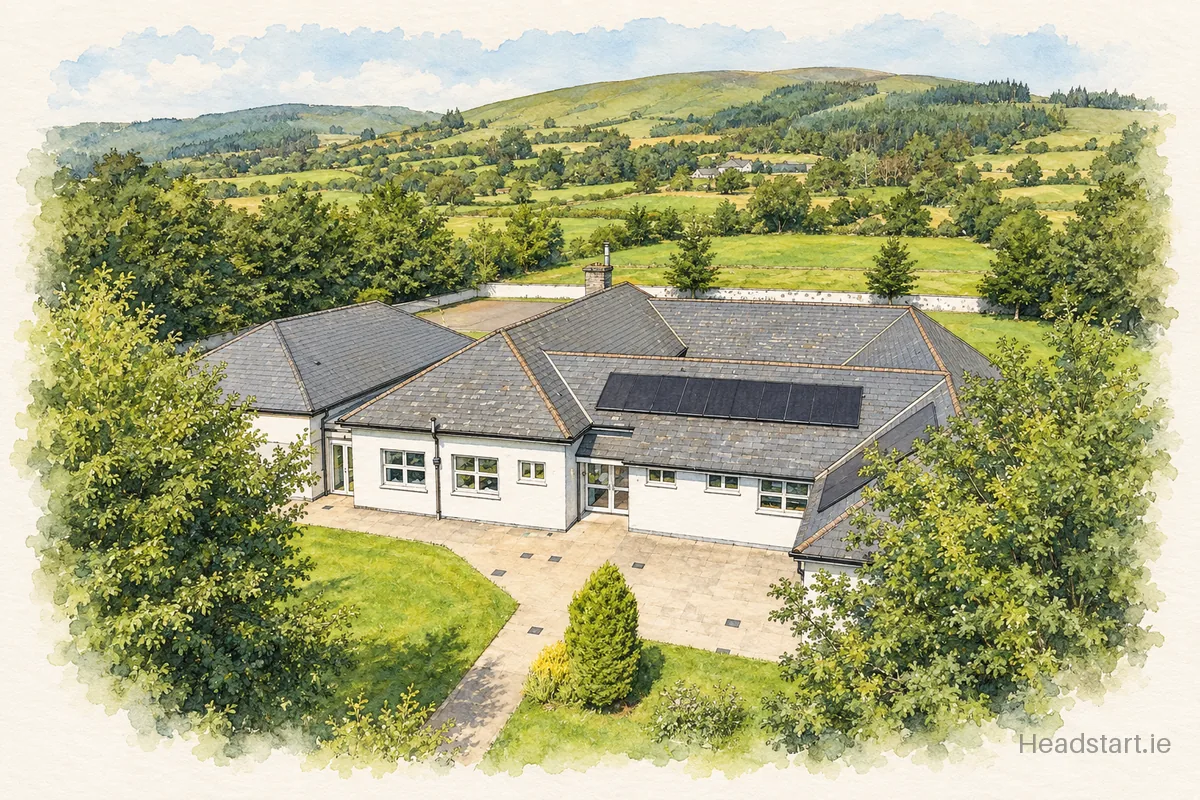 Watercolour illustration of the Cloonacool National School building, Tubbercurry