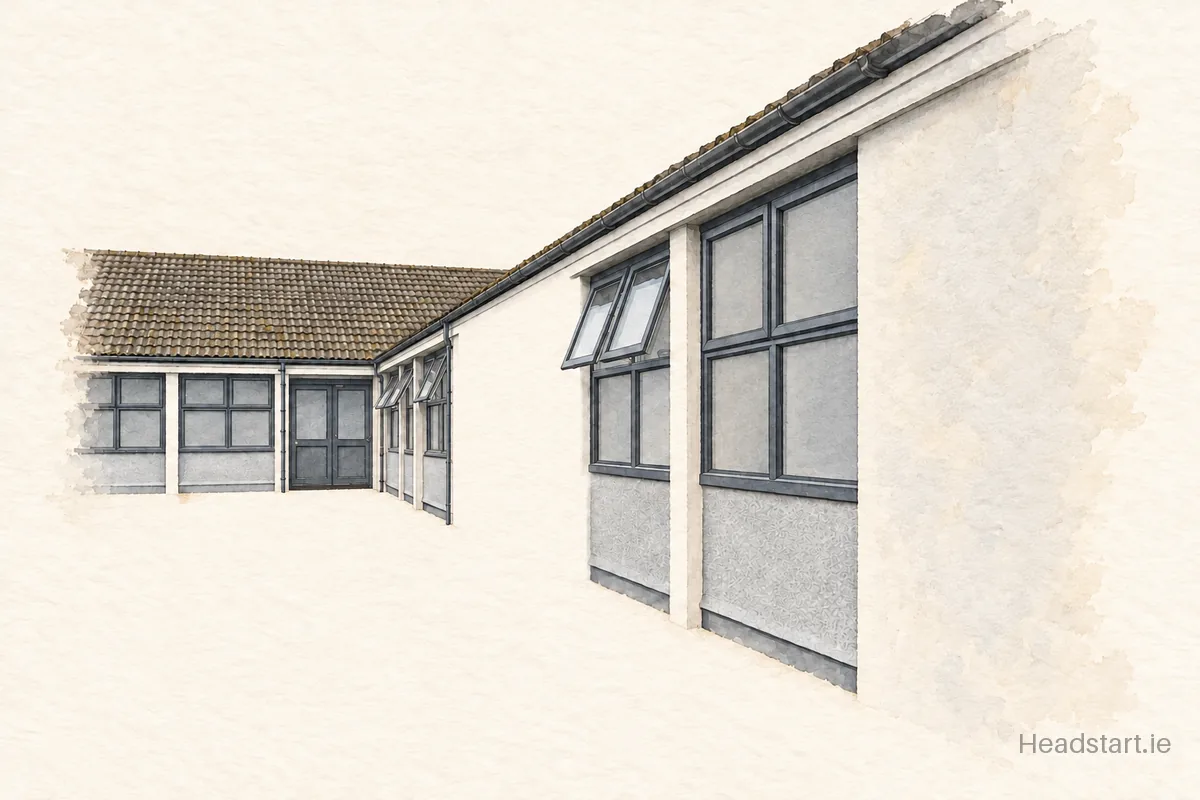 Watercolour illustration of the Lenamore National School building, Longford