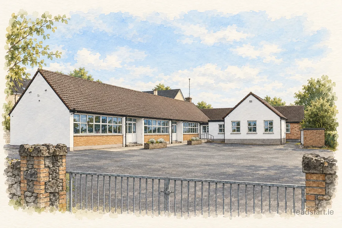 Watercolour illustration of the Tyrrellspass Mixed National School building, Mullingar