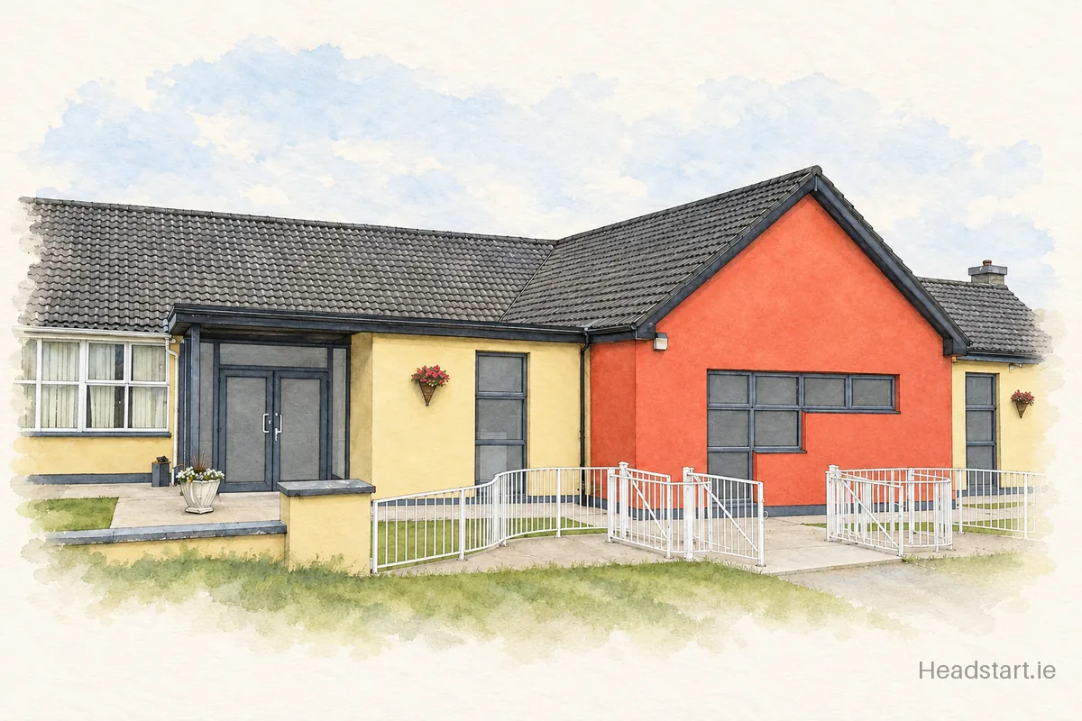 Watercolour illustration of the Banogue National School building, Kilmallock