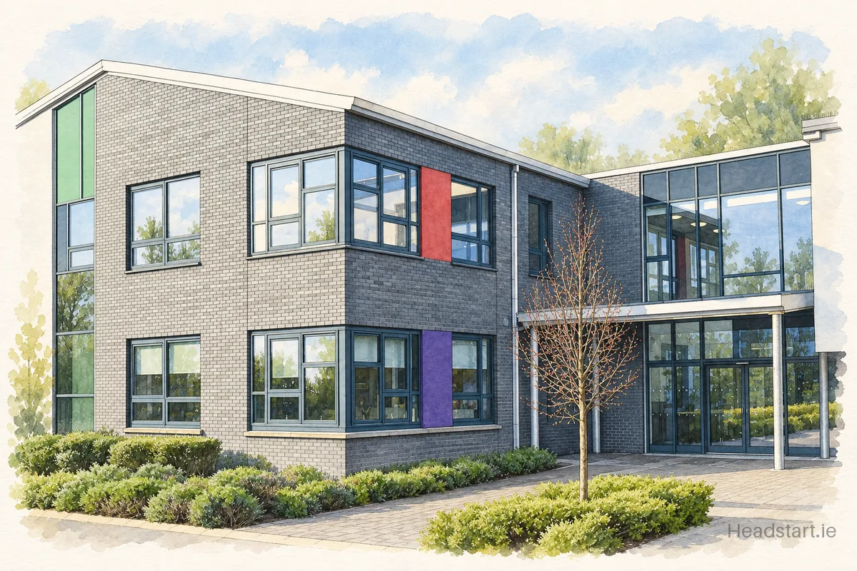Watercolour illustration of the Ravenswell Primary School building, Bray