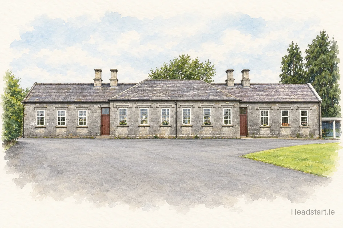 Watercolour illustration of the Skeheenarinky National School building, Cahir