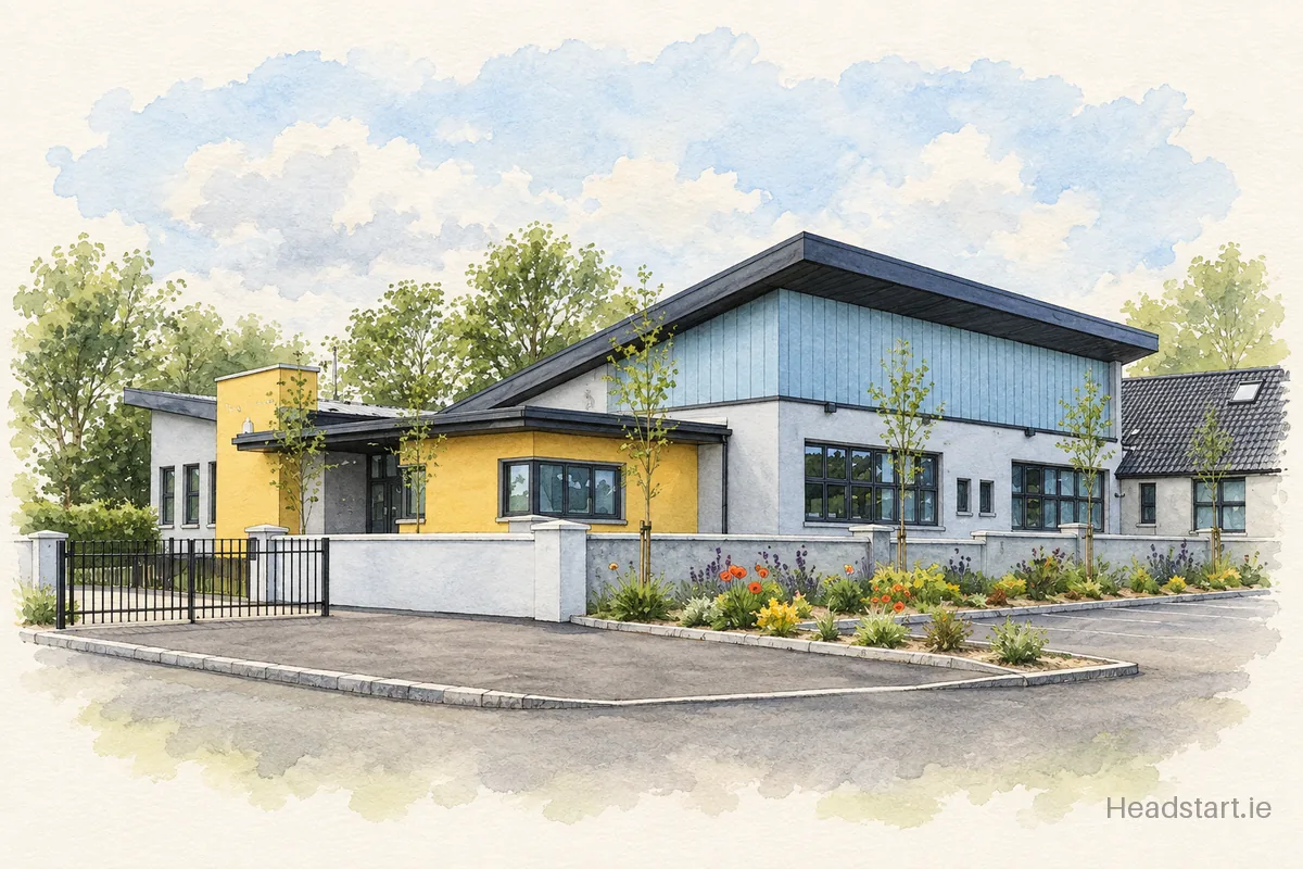 Watercolour illustration of the Melview National School building, Longford