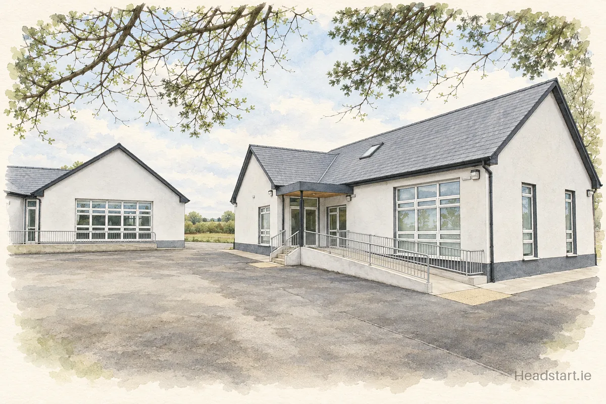 Watercolour illustration of the Ballinderreen Mixed National School building, Galway