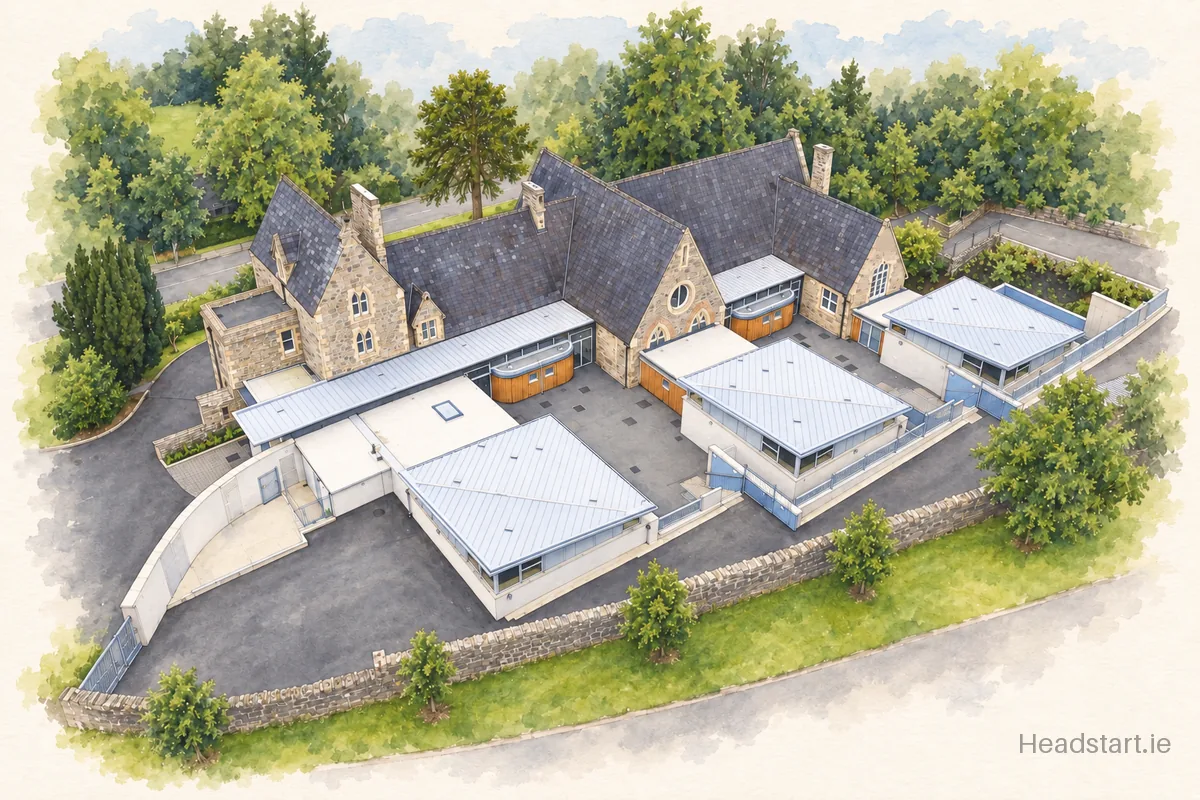 Watercolour illustration of the Monaghan Model School building, Monaghan